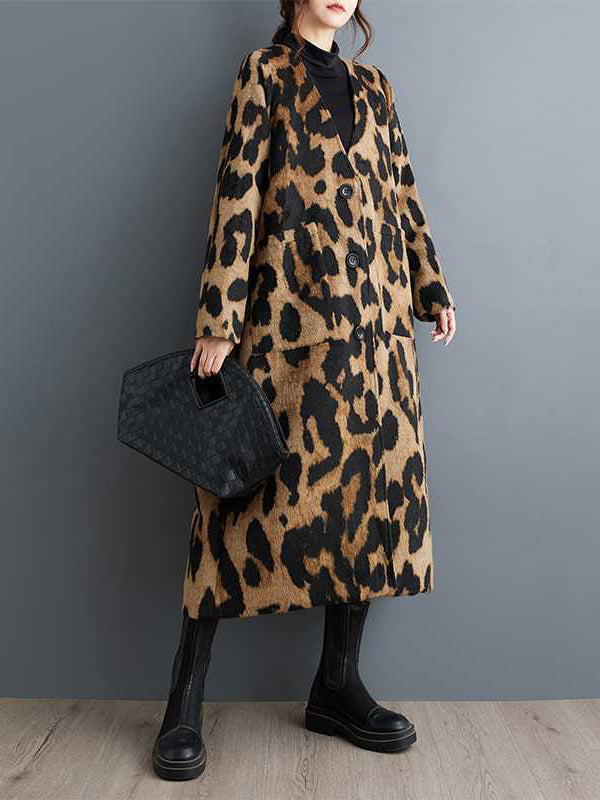 Buttoned Leopard Pockets Split-Joint Long Sleeves Loose V-Neck Trench Coats Outerwear