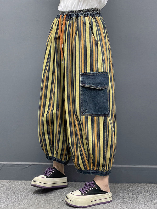Contrast Color Drawstring Pleated Pockets Striped Loose Ninth Pants Knickerbockers Jean Pants Bottoms