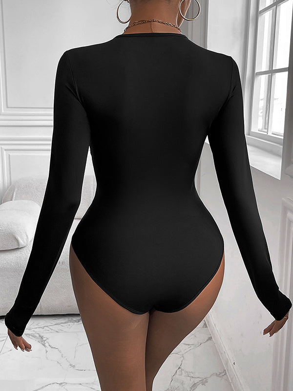 Knot Solid Color Bodycon Long Sleeves Round-Neck Bodysuits