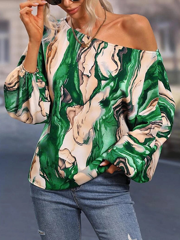 Asymmetric Printed Long Sleeves Loose One-Shoulder Blouses&Shirts Tops