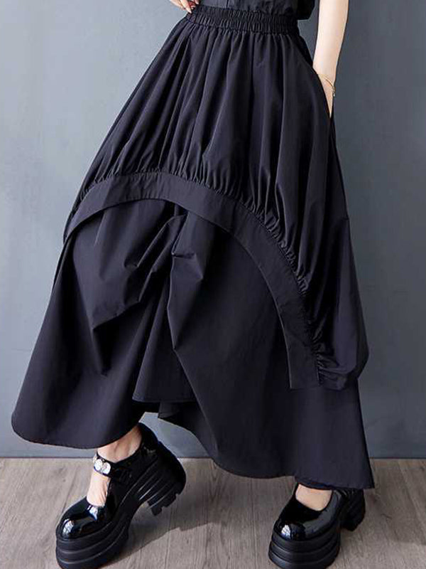 Asymmetric Elasticity Pleated Pockets Solid Color A-Line Loose Skirts Bottoms