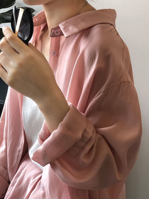 Loose Solid Color Long Sleeves Blouse + Pleated Shorts Two Pieces Set