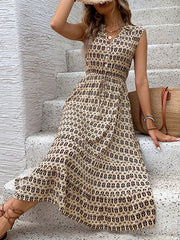 Buttoned Drawstring Pockets Printed Split-Joint A-line High Waisted V-neck Midi Dresses