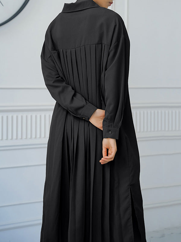 Buttoned Split-side Loose Three-quarter Sleeves Lapel Shirt Dress Midi Dresses