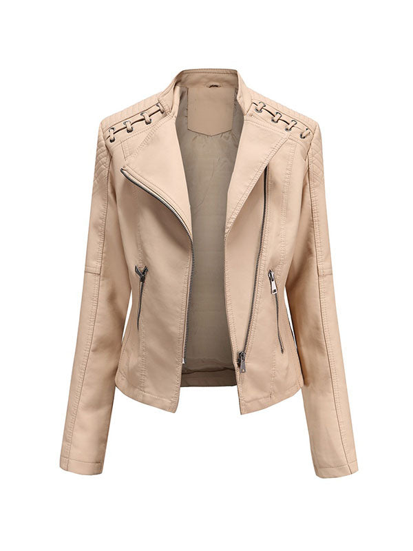 Split-Joint Zipper Long Sleeves Mock Neck Outerwear PU Jackets