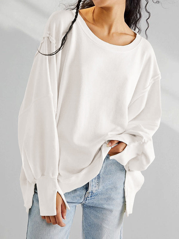 Fringed Solid Color Split-Joint Split-Side Long Sleeves Loose Round-Neck Sweatershirt