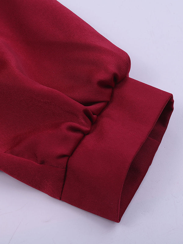 Pleated Solid Color Split-Joint Loose Puff Sleeves Stand Collar Blouses