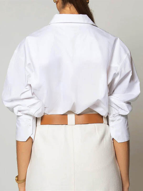Buttoned Pockets Solid Color Long Sleeves Loose Lapel Blouses&Shirts Tops