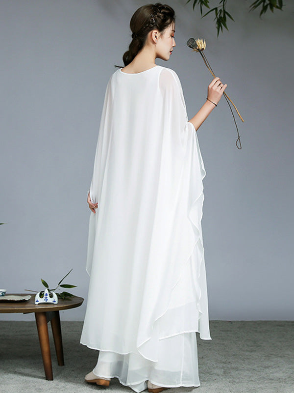 Artistic Retro Loose Chiffon Solid Color Falbala Round-Neck Kimono Sleeve 2 Pieces Set