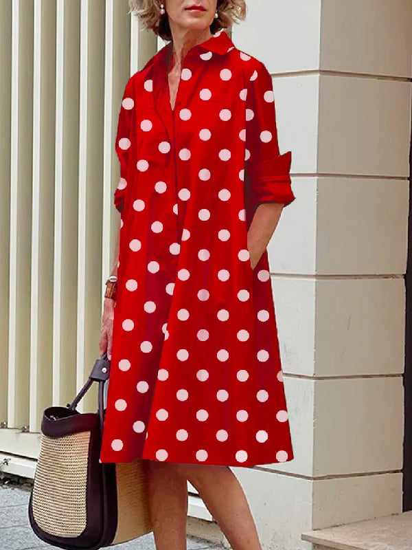 Vintage Long Sleeves Polka Dot Lapel Midi Dresses