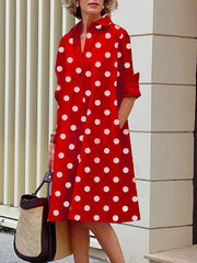 Vintage Long Sleeves Polka Dot Lapel Midi Dresses