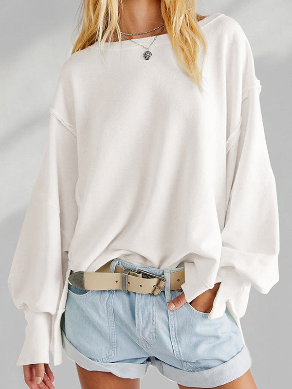 Fringed Solid Color Split-Joint Split-Side Long Sleeves Loose Round-Neck Sweatershirt