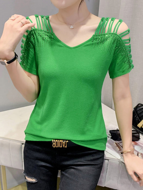 Hollow Rhine Stones Solid Color Split-Joint Loose Raglan Sleeve V-Neck T-Shirts Tops