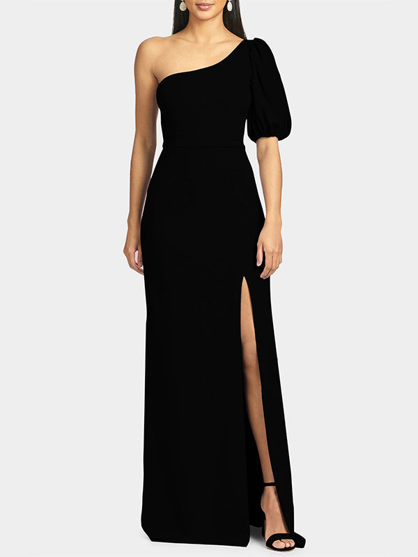 Solid Color Split-Side Puff Sleeves One-Shoulder Maxi Dresses