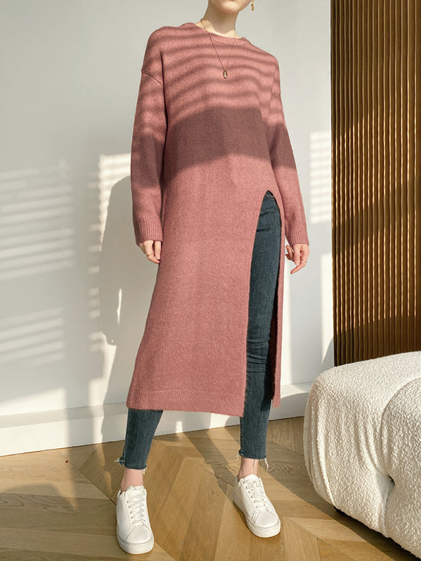 Loose Split-Side Solid Color Round-Neck Knitting Sweater Dresses