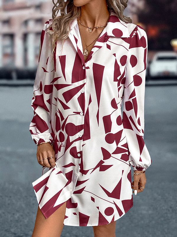 Printed Split-Joint Loose Puff Sleeves Lapel Shirt Dress Mini Dresses