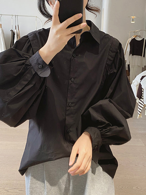 Solid Color Loose Puff Sleeves Lapel Blouses