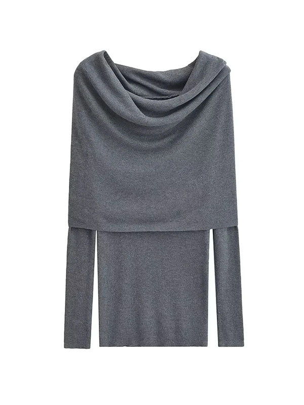 Pleated Solid Color Split-Joint Long Sleeves Skinny Off-the-shoulder Pullovers Knitwear