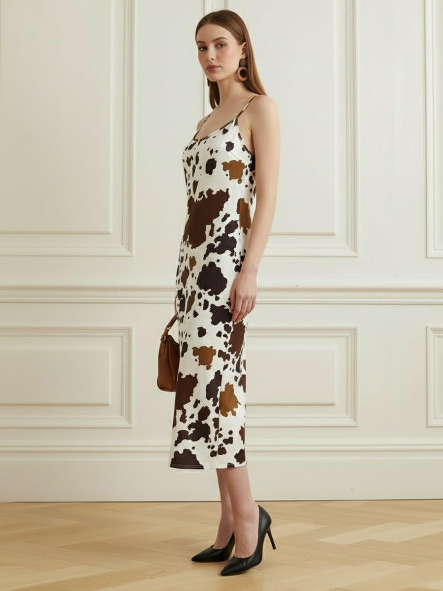 Contrast Color Cow Printed Split-Joint Bodycon Spaghetti-Neck Midi Dresses