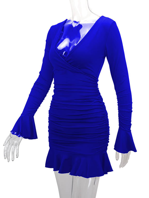 Pleated Ruffled Solid Color Split-Joint Bodycon Elasticated Waist V-Neck Midi Dresses