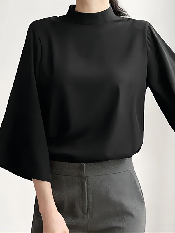 Solid Color Flared Sleeves Loose Stand Collar T-Shirts Tops