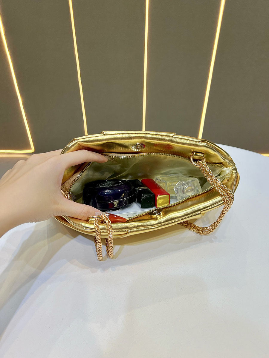 Chains Pleated Solid Color Zipper Shoulder Bags Evening Bags & Clutches