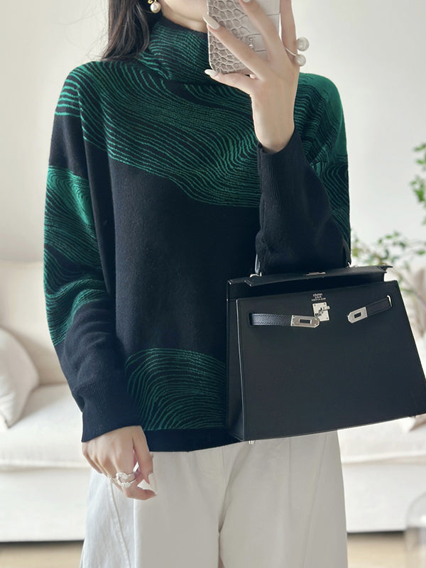 Contrast Color Long Sleeves Loose High Neck Sweater Tops Pullovers