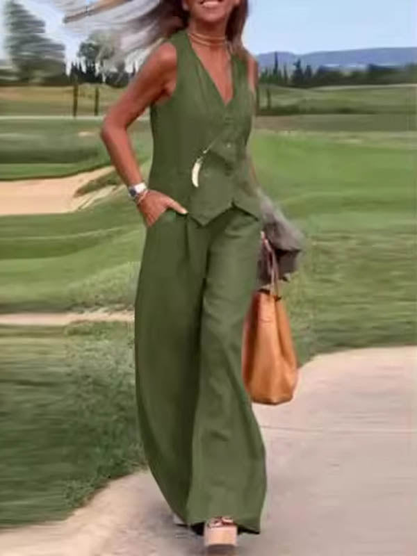 Plus Size Loose Solid Color Split-Joint V-Neck Vest + Elasticity Pants Two Pieces Set