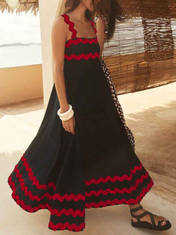 A-line High Waisted Contrast Color Zipper Square-neck Maxi Dresses Midi Dresses