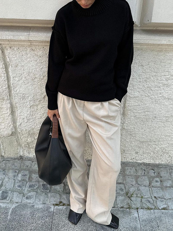 Solid Color Split-Joint Long Sleeves Loose High Neck Sweater Tops Pullovers