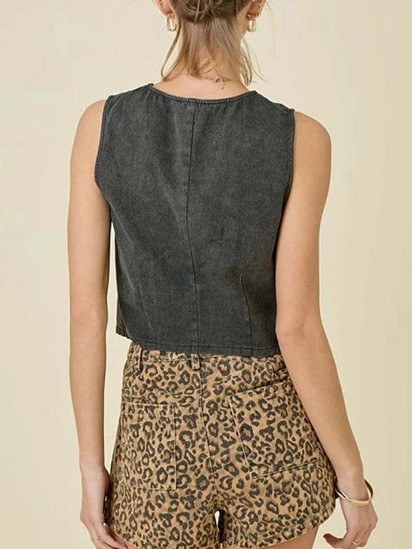 Lace-Up Split-Joint Loose Sleeveless Round-Neck Vest Top
