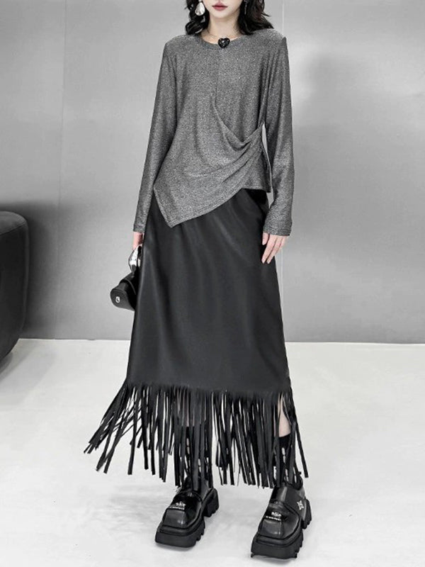 Asymmetric Solid Color Hipster Long Sleeves Round-Neck T-Shirts Tops