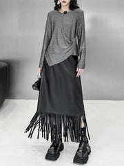 Asymmetric Solid Color Hipster Long Sleeves Round-Neck T-Shirts Tops
