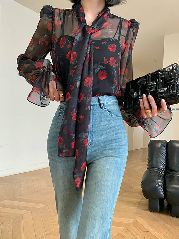 Elasticity Flower Print Mesh Tied Flared Sleeves Long Sleeves V-Neck Blouses&Shirts Tops