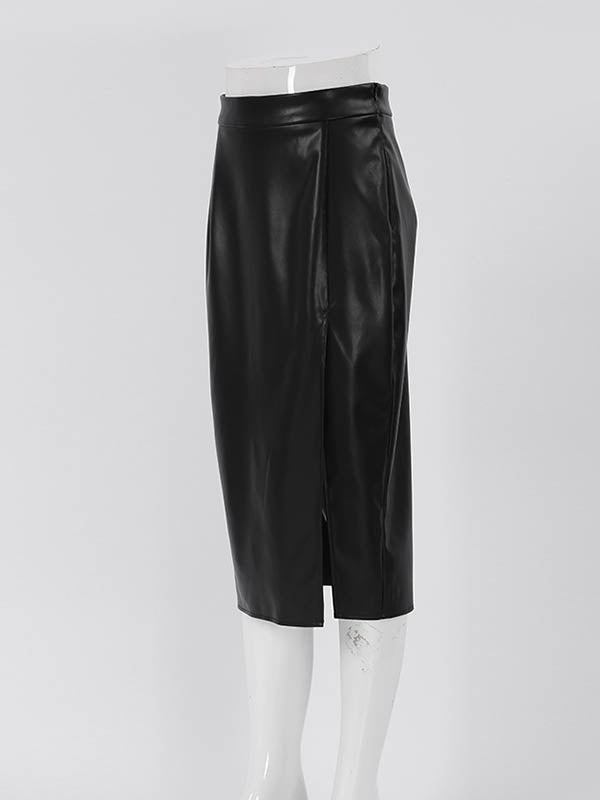Solid Color Split-Front Zipper High Waisted Skirts Bottoms