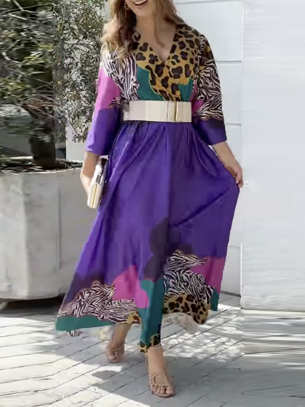 Leopard Long Sleeves Loose V-neck Maxi Dresses
