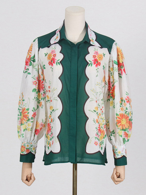 Buttoned Long Sleeves Flower Print Lapel Shirts Top + High Waisted Pants Bottom Two Pieces Set