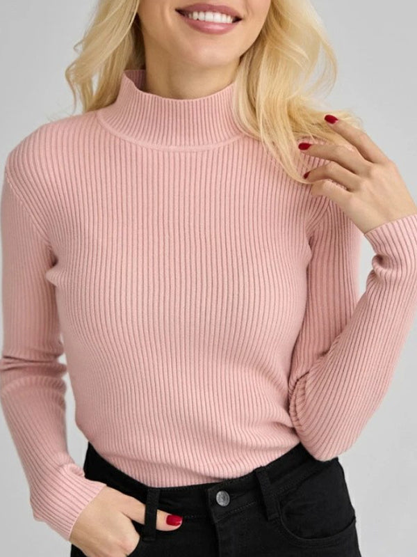 Solid Color Split-Joint Long Sleeves Skinny High Neck Sweater Tops