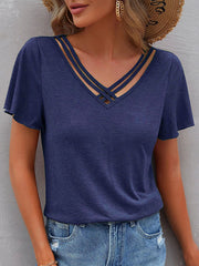 Hollow Solid Color Split-Joint Loose Plus Size V-Neck T-Shirts Tops