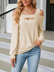 Hollow Jacquard Solid Color Long Sleeves Loose U-Neck T-Shirts Tops