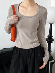 Solid Color Split-Joint Long Sleeves Skinny Round-Neck T-Shirts