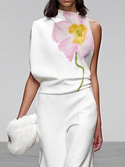 Floral Printed Loose Sleeveless High Neck Vest Top