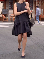 Falbala Solid Color High-Low Loose Round-Neck Midi Dresses