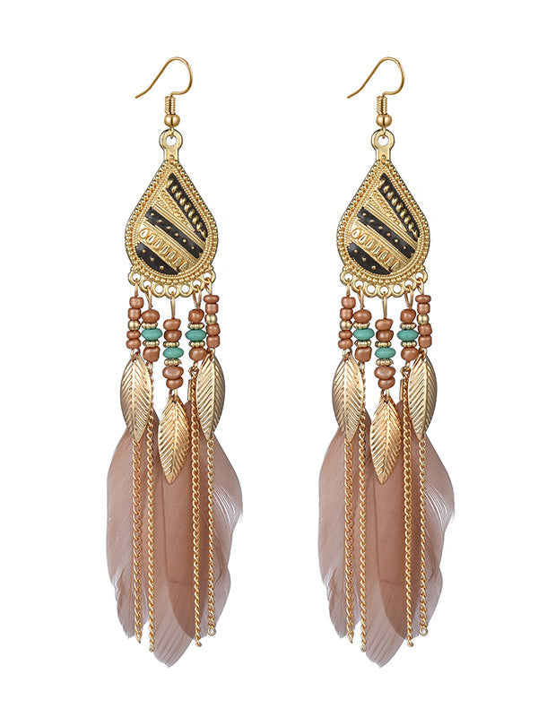 National Original Feather Tassels Beads 6 Colors Earrings