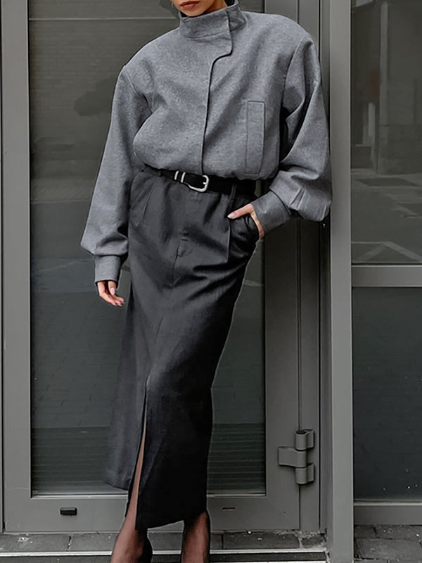 Elasticity Solid Color Long Sleeves Loose Stand Collar Woolen Coat