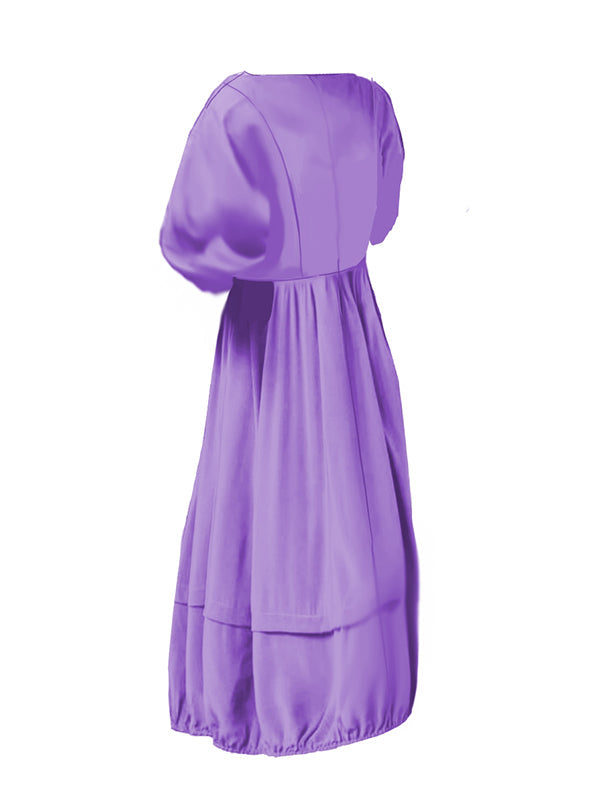 Elasticity Pleated Solid Color Split-Joint Zipper Half Sleeves Loose Boat Neck Maxi Dresses