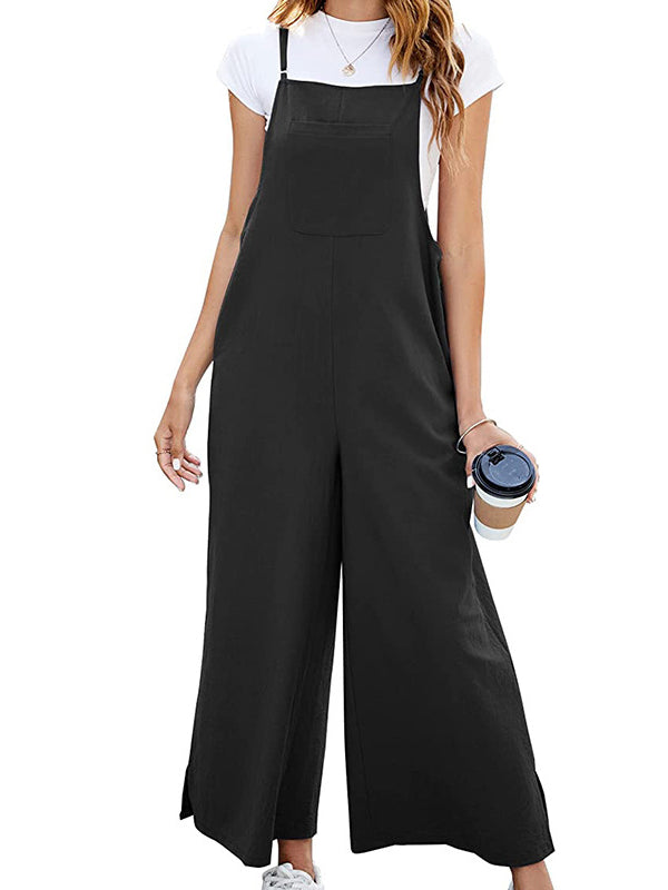 Pockets Solid Color Split-Side Loose Ninth Pants Spaghetti-Neck Overalls
