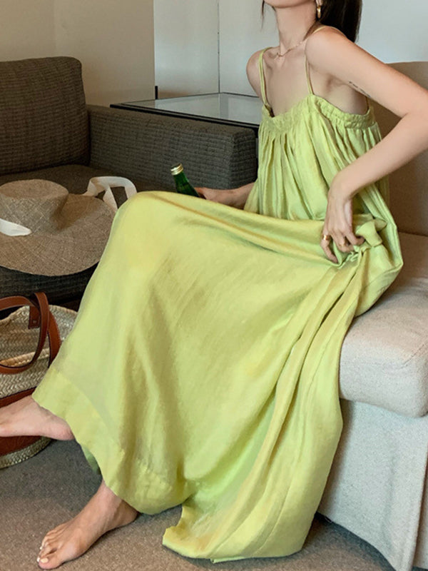 Pleated Solid Color Loose Sleeveless Spaghetti-Neck Slip Dress Midi Dresses