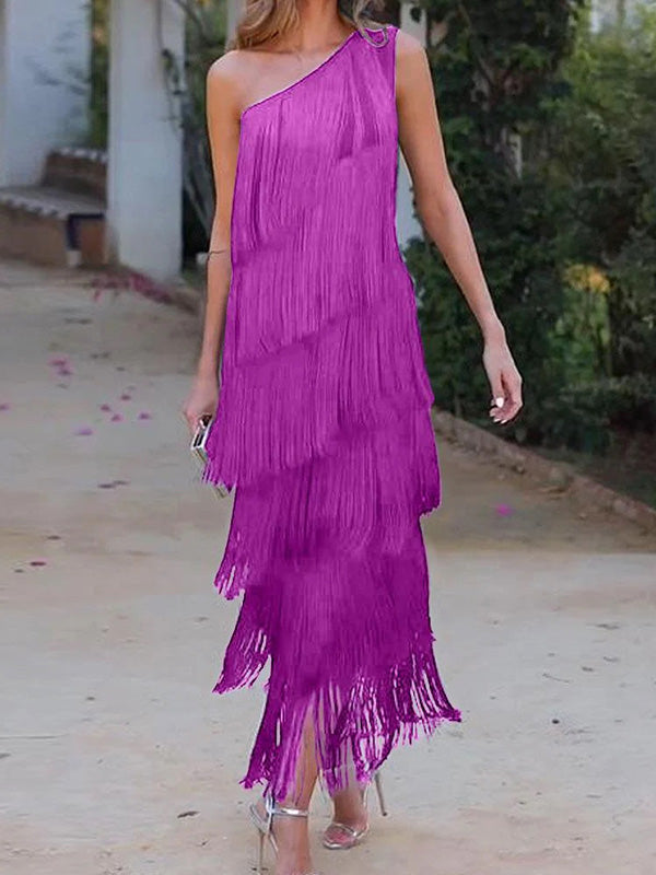 Asymmetric Solid Color Split-Joint Tasseled Loose Sleeveless One-Shoulder Maxi Dresses