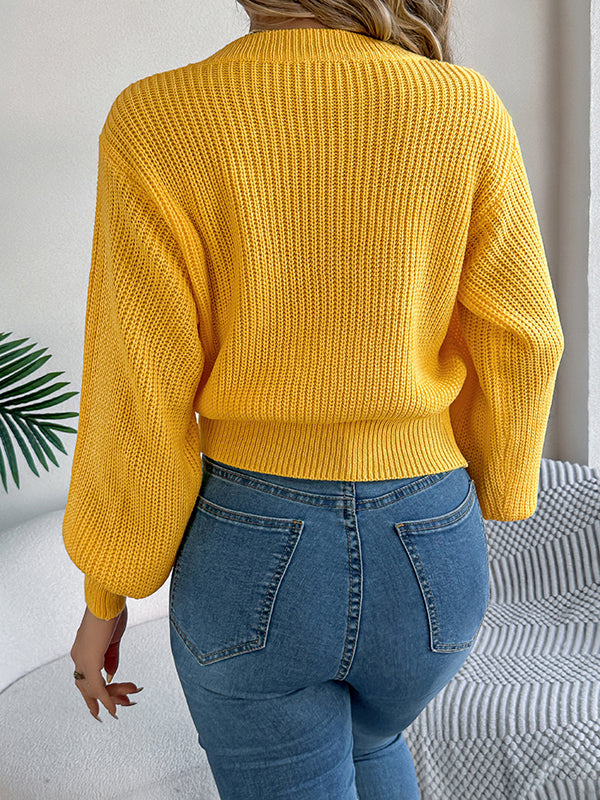 Cable Knit Solid Color Elasticated Waist Long Sleeves Round-Neck Sweater Tops Knit Top
